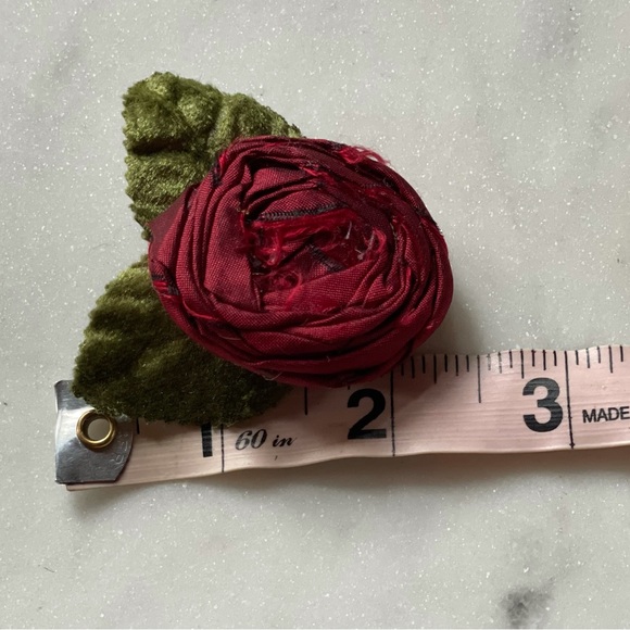 Red Dupioni Silk Rose & Velvet Leaf Hair Clip - Picture 7 of 9
